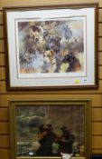 Framed limited edition print of dogs together with a framed print of fisherman