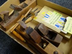 Three vintage wooden planes, vintage chisels etc
