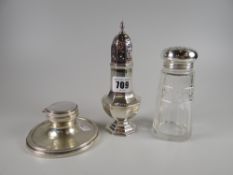 Hallmarked silver caster, silver topped sugar shaker & hallmarked silver inkwell
