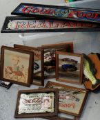 Two advertising mirrors, parcel of prints, clock