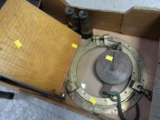 Brass porthole, binoculars, hanging scales etc