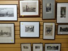 A good collection of framed etchings including London scenes, sailboats etc