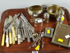 Tray of mainly hallmarked silver items including sugar bowl, condiments, small photograph frame,