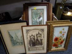 Box of various coloured etchings & prints together with a pair of painted glass flower displays