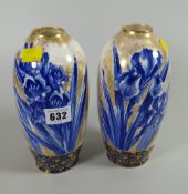 Pair of Royal Doulton blue & gilt iris decorated vases