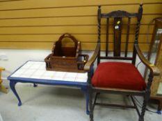 A desk top letter box, glass top painted coffee table & a barley-twist hall chair