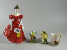 Royal Doulton figure - 'Winsome', two Beswick bird figures & a small Royal Worcester ewer