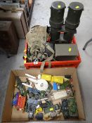 Parcel of military related items, gas mask together with collection of diecast military vehicles