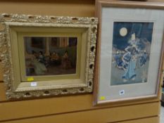 Oriental woodblock of female in a kimono together with a gilt framed crystoleum of a courting couple