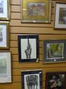 A framed watercolour of figures in a village street, signed A R QUINTON together with two framed