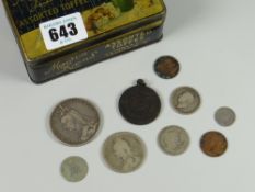 A silver 1889 Queen Victoria crown together with a small parcel of other silver coins in a toffee