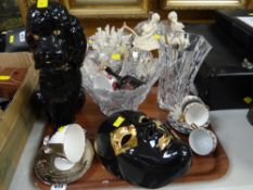 Ceramic gilt & black wall hanging face mask, ceramic poodle, glass vase etc