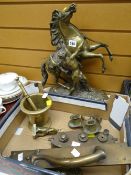 Cast brass figure of a rearing horse together with a parcel of brass & copperware including pestle &