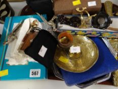 A tray of various collectables including brass bellows, napkin rings, boxed & loose EPNS etc