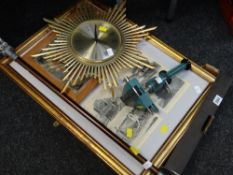 Shooting stick, framed etchings of vintage trains, wall clock etc