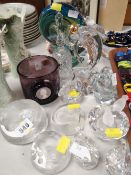 A Mdina glass sculpture, two Swarovski crystal swans, animal paperweights etc