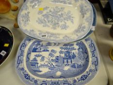 Four large blue & white various patterned platters
