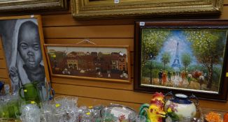 A modern framed oil on canvas of a Paris scene, framed print & oil on canvas of an African child