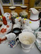 A pair of Staffordshire dogs plus another, pair of painted milk glass vases etc