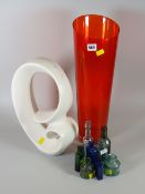 Large red art glass vase, glass bottles & modern ceramic sculpture