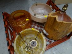 Three vintage glass ceiling light shades & a wooden trunk effect table lamp E/T