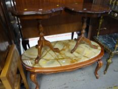 A pair of reproduction inlaid decorated side tables together with an oval marble top coffee table
