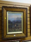 Oil on canvas - setting sun over woodland & meandering stream, signed SIDNEY M BROAD