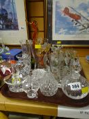 A tray of various glass ornaments, small vases etc