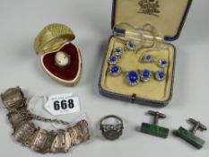 A 900 silver bracelet, silver coin ring, silver & blue stone necklace etc