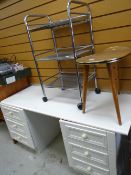A white dressing table, pine effect computer table, chrome trolley etc