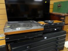 A vintage Bang & Olufsen turn table, amplifiers & speakers together with a Toshiba DVD player E/T