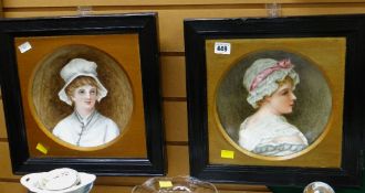 Two framed continental porcelain portrait plates with head & shoulders of females, indistinct