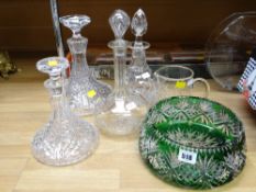 Parcel of four good quality decanters & green cut glass bowl