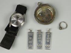 Three hallmarked silver ingots, silver ring, silver watch case & a gents wristwatch