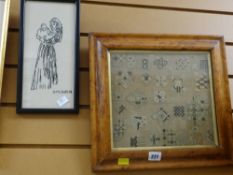 Small framed sampler together with a small needlework of a mother & child