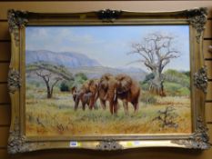 Framed oil on canvas by JEAN GEORGE of elephants grazing together with a framed oil on board of