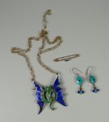 A 9ct gold dragon enamel brooch, enamel earrings & a 9ct gold bar brooch