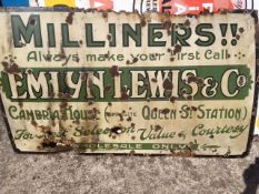Vintage metal advertising sign 'Emlyn Lewis & Co' Milliners, opposite Queen Street Station