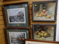 Two framed hunting prints together with two framed still life prints