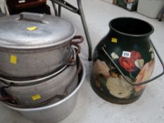 A painted barge ware-style small urn, collection of vintage galvanized cooking pots