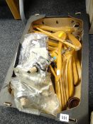 Box of vintage wooden coat hangers & spirit optics