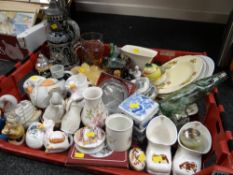 Crate of mixed china including lidded steins, Portmeirion Parianware jugs, Masons Ironstone egg &