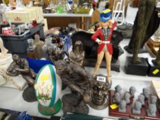 Three rugby figures, decorative ceramic rugby ball etc