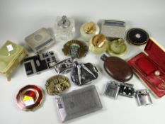 Box of vintage table lighters, hip flask, small belt buckles etc