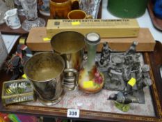 Decorated lacework tray, two EPNS tankards, bottling thermometer, Webley gun cleaning kit etc