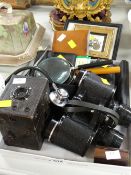 Parcel of collectables to include stethoscope, binoculars, vintage camera, darts, hip flask etc