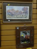 Beaten copper framed mirror with crabs in relief together with a limited edition rugby print