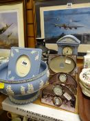 Two Wedgwood Jasperware pedestal bowls, mantel clock, photograph frame etc