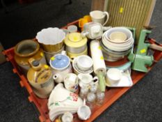 Crate of kitchen items including vintage wash board, meat grinder, small stone glazed bottle from