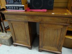 Antique mahogany & inlaid twin-pedestal library desk with marquetry decoration